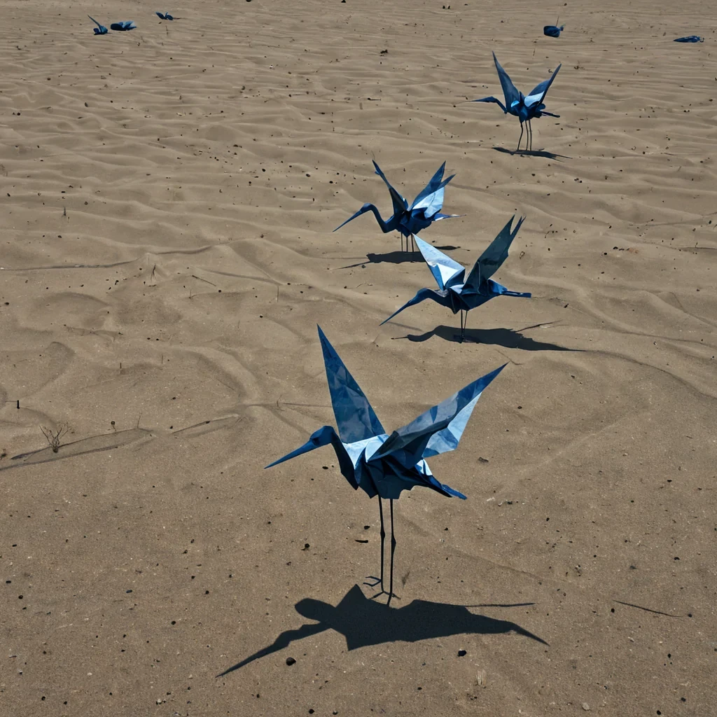 A single, selfassembling constellation of mirrored origami cranes made of solidified moonlight and compressed breath hovers in the center of a vast, still desert of liquid time, each crane not flying but suspended midflap as if caught in the exact moment before a wish was whispered. The cranes are not made of paperthey are forged from the reflections of unrecorded dreams, their wings etched with the faint, ghostly script of names that were never spoken aloud. The desert beneath them is not sand, but a smooth, glassy expanse of frozen silence, cracked in geometric patterns that pulse faintly with the emotional resonance of a decision deferred. Between the cranes, the air shimmers with visible soundwavesfrag