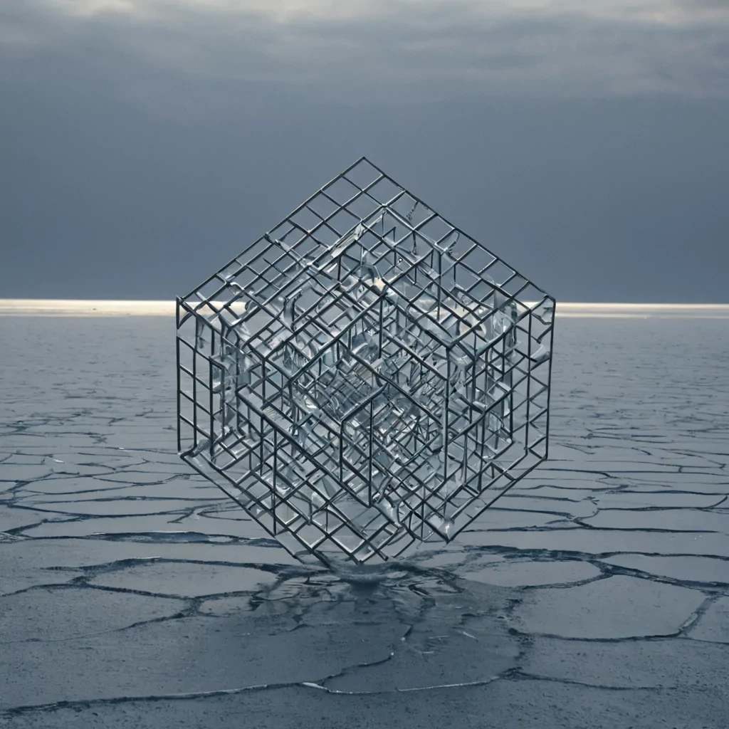 A single, selforganizing lattice of crystalline silence, shaped like a 29dimensional hypercube of inverted potential and unformed resonance, floats in perfect stillness at the center of a vast, inverted sea of solidified breatheach wave sculpted from the frozen exhalations of a civilization that measured existence not by motion, but by the duration of synchronized, breathless stillness held just before the first thought was ever allowed to coalesce into meaning in a world where consciousness was never permitted to awaken. The lattice does not expandit unthinks, each facet shedding a layer of cognitive potential that never coalesced into a shared awareness, reforming into ephemeral, bismuththreaded afterimages shaped like the negative