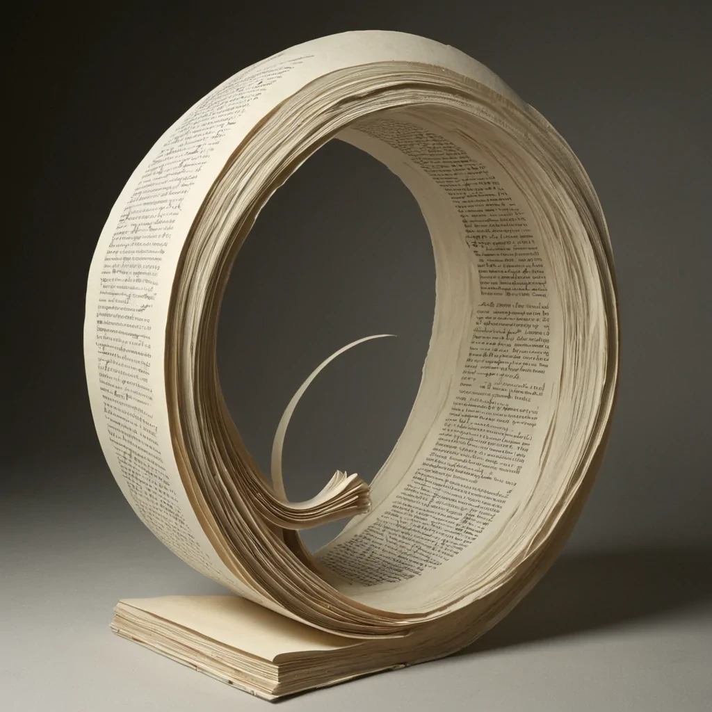 A single, selfrewriting scroll of living parchment, shaped like a 3dimensional Mbius loop of unbound narrative and reversed causality, drifts through the center of a vast, inverted archive of suspended breatheach shelf carved from the solidified silence between two chapters of a story that was never finished, never begun, and never meant to be read. The scroll does not unrollit unwrites, each curl shedding a layer of linguistic potential that never coalesced into a coherent plot, reforming into ephemeral, silverveined afterimages shaped like the negative space between two fingers that never turned a page. The parchment pulses with the faint afterglow of forgotten endings, its ink composed of dissolved time,