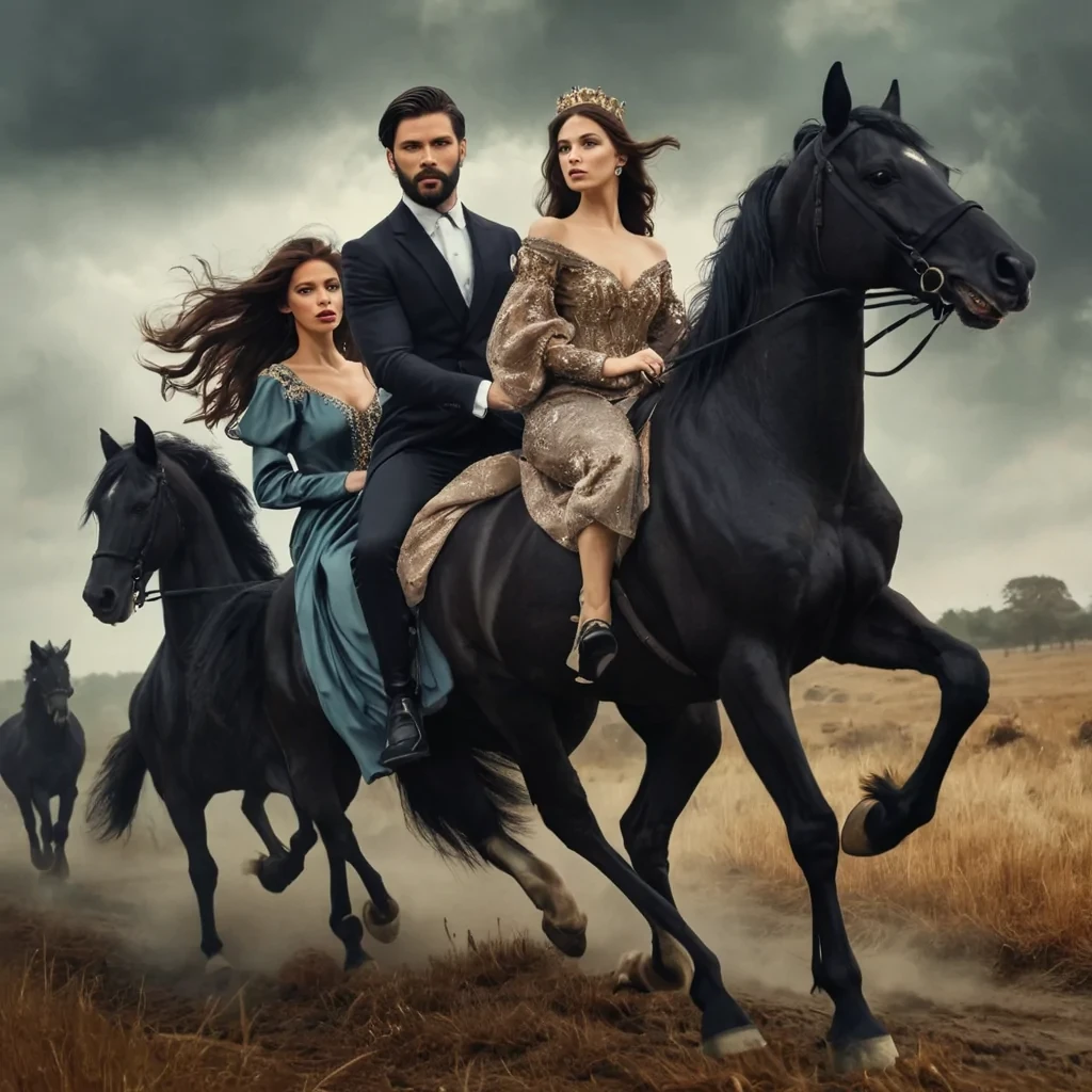 A dark haired, modern handsome king with a beard riding shining black horses along with beautifully dressed, brown haired women. They are chasing a fox