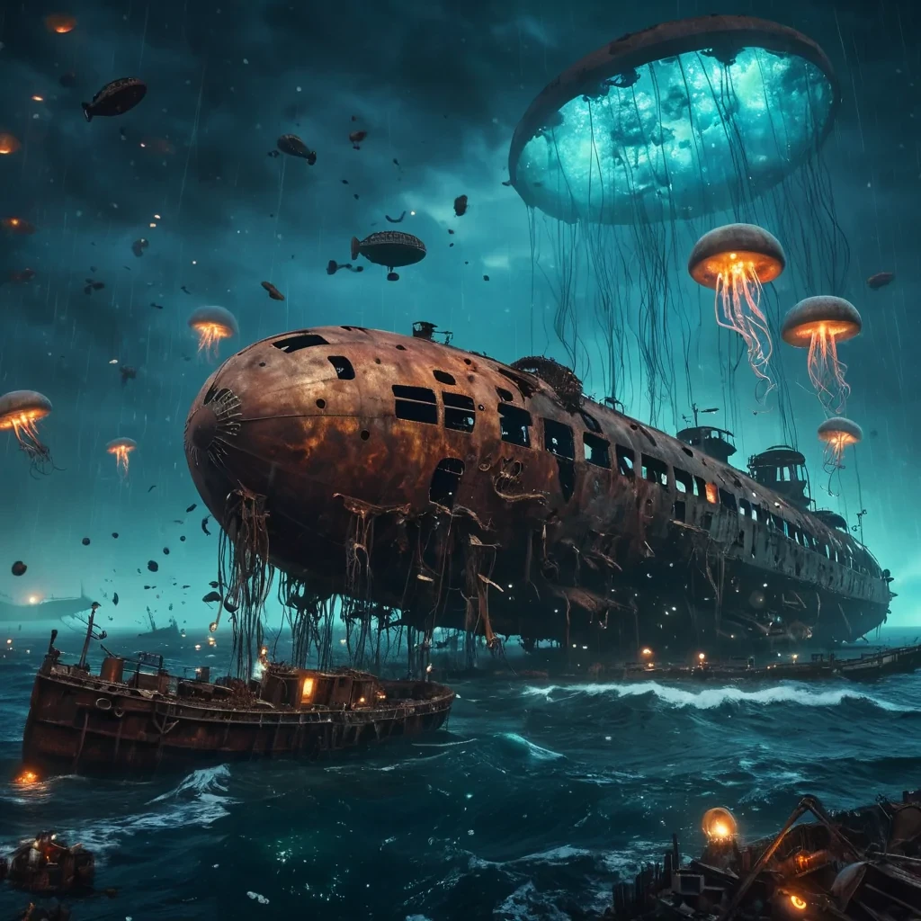 A colossal, rusted zeppelin graveyard in a stormtossed ocean, with bioluminescent jellyfish drifting among the wreckage, hyperrealistic, Ultra HD, cinematic lighting, volumetric lighting, atmospheric effects, bokeh effect, vibrant colors, detailed textures.