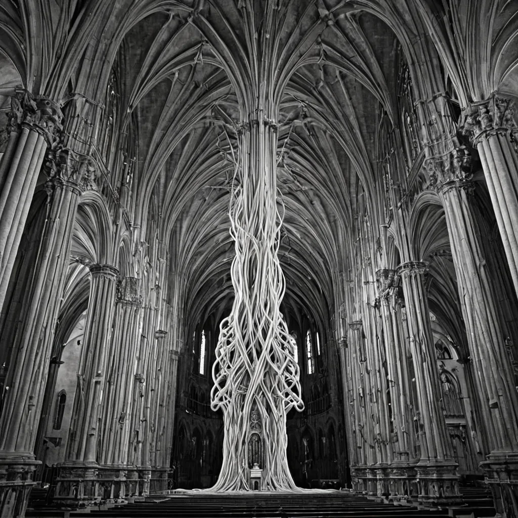 A single, selfoscillating filament of solidified silence, shaped like a spiraling, nonreflective tangle of reversed auditory pressure, pulses at the center of a vast, inverted cathedral built from the compressed, unspoken vows of a civilization that communicated through the duration of synchronized, silent breaths. The filament does not vibrateit unhears, each twist unraveling a layer of resonance that never coalesced into sound, reforming into ephemeral, silverveined afterimages shaped like the negative space between two lips that never parted in the same moment of mutual confession. The cathedral is not sacredit is a layered expanse of petrified communion, each pillar etched with the vibrational residue of a