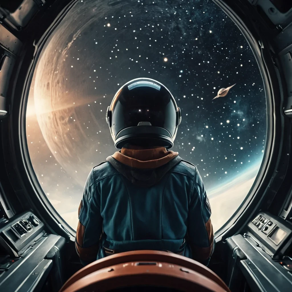 teenage boy riding in a spaceship looking forward but shot from the back so no face, just helmet meanwhile oncoming stars are whizzing by