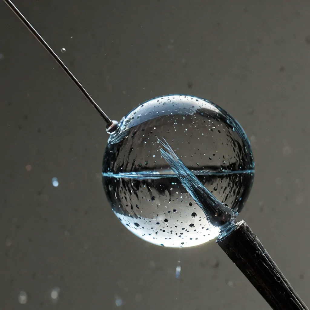 A tight, macro closeup of a suspended, translucent sphere of liquid mercury, perfectly balanced on the tip of a slender, rusted iron needle against a backdrop of deep, textured charcoal felt. Inside the mercury droplet, a complex, frozen implosion of concentric ripples is visible, refracting the light from a single, harsh, coolwhite spotlight positioned at a fortyfivedegree angle. The surface of the mercury is not smooth but dotted with microscopic, jagged crystalline inclusions of pale blue quartz that scatter the light into sharp, prismatic flares. The needle is positioned vertically, its head cropped just above the frame, emphasizing the delicate tension of the contact point where the liquid clings defying gravity. The lighting is high