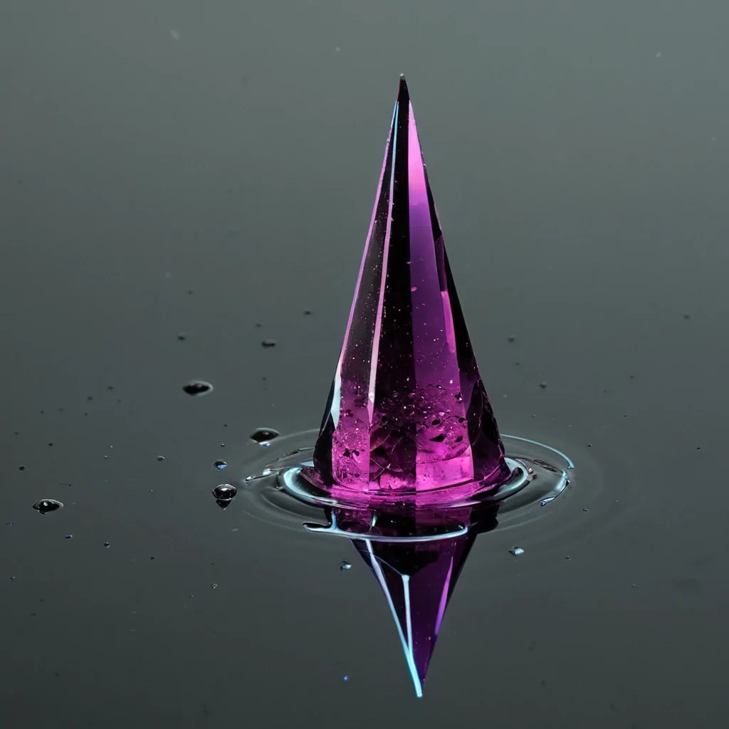 A precise, eyelevel macro photograph of a single, suspended drop of liquid mercury resting on the tip of a jagged, crystalline shard of raw obsidian, capturing the moment before impact. The mercury drop is perfectly spherical, its surface acting as a distorted mirror that reflects a miniature, inverted cityscape of glowing neon cyan and hot pink towers, complete with tiny, flickering windows and vertical light trails from zipping vehicles. The obsidian shard beneath is rough and fractured, with sharp, black facets that catch the cool, ambient light from above. Surrounding the central drop is a delicate, intricate web of thin, translucent filaments made of stretched, clear sugar glass, which refract the light into subtle, prismatic halos of violet