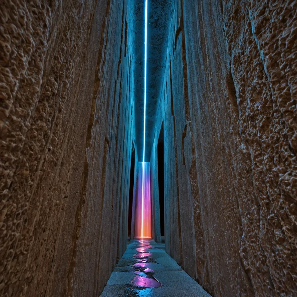 A highspeed, longexposure photograph of a dense, rolling cloud of bioluminescent, tealcolored pollen drifting through a narrow, vertical corridor of raw, porous travertine stone. The pollen grains are not dusty but appear as thousands of individual, glowing, hexagonal prisms that leave faint, trailing streaks of electric blue light as they move. The travertine walls are textured with deep, vertical striations and small, circular pores, each filled with a drop of static, red mercury that reflects the passing light. In the center of the corridor, suspended by a single, taut thread of spun silver, hangs a massive, irregularly shaped shard of deep violet quartz. The quartz is fractured internally, creating a complex,