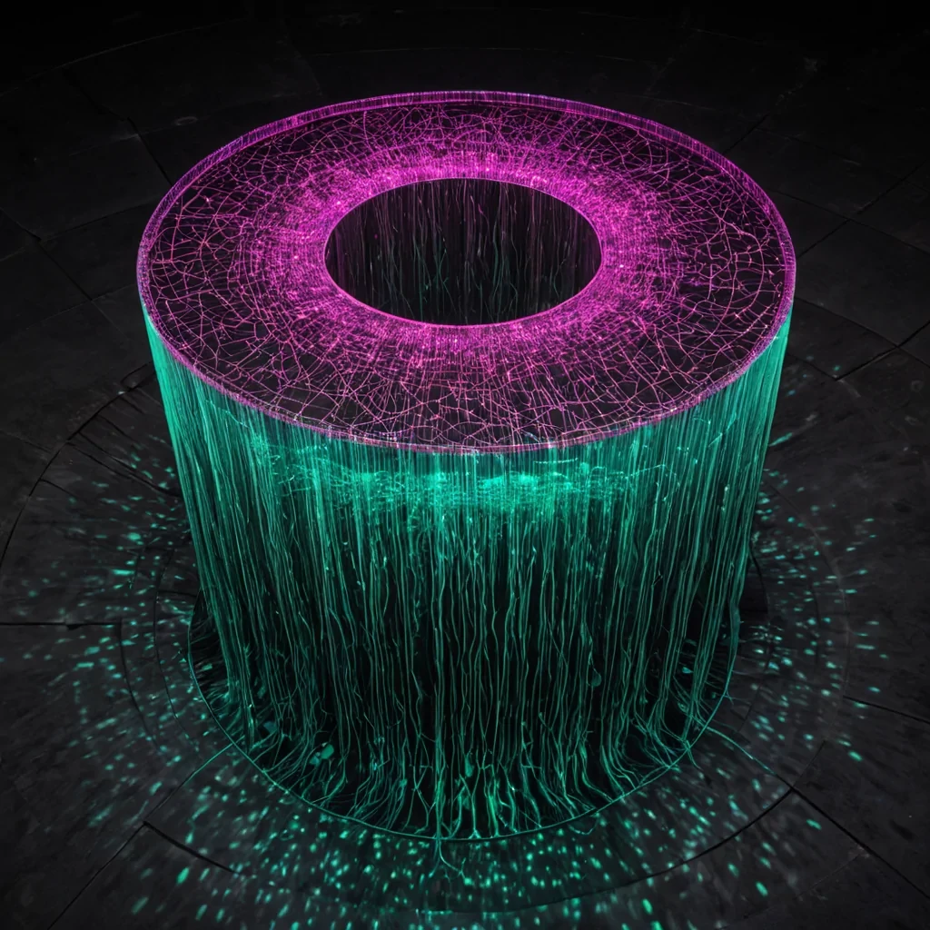 A hyperrealistic, highangle macro shot of a vast, circular arena floor composed of interlocking, hexagonal tiles of polished black basalt, each tile embedded with a tiny, bioluminescent circuit that pulses in slow, rhythmic waves of electric green. At the center of the arena stands a towering, abstract sculpture resembling a stylized, unspooled spool of thread, crafted from translucent, frosted acrylic and suspended by invisible magnetic fields. Draped over the sculpture are cascading strands of iridescent, silklike fiber optics that glow with shifting hues of magenta and cyan, casting long, intricate shadows that resemble neural networks across the dark floor. The background is a deep, voidlike space with a subtle, star