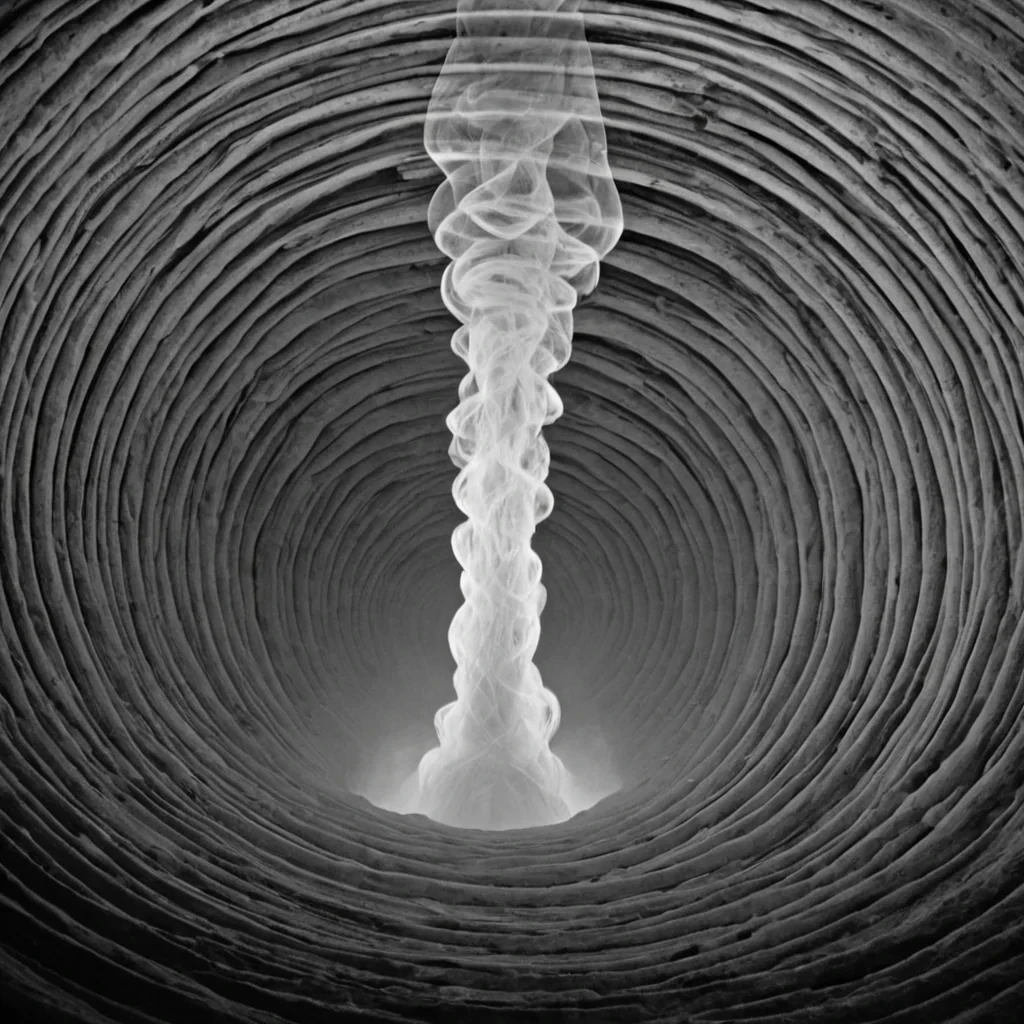 A single, selfsiphoning vortex of reversed breath, shaped like a 9,002dimensional spiral of unformed air and inverted respiration, rotates in the center of a vast, inverted cavern of solidified silence. Each coil is spun from the exact moment between a lung expanding and its refusal to inhale, a sigh escaping lips and dissolving into nonaudibility, a breath held beneath water and collapsing into pure, unmeasured nonoxygen. The vortex does not expel air  it unexpels it, each spiraling layer shedding a stratum of pneumatic potential that never coalesced into inhalation or exhalation, reforming into ephemeral, emeraldveined fog that condenses