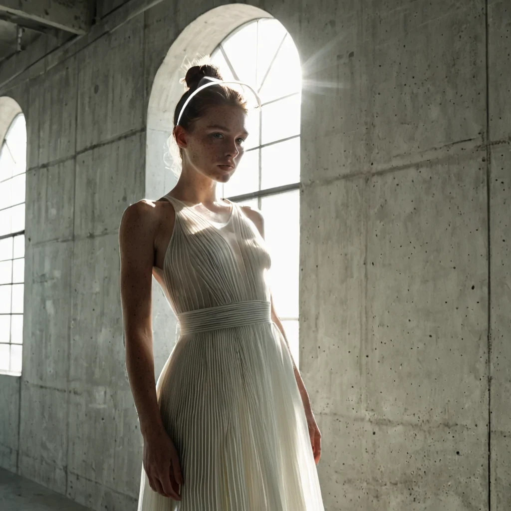 A sharp, mediumshot portrait of a young woman with luminous, freckled skin standing in a sundrenched, minimalist atelier. She wears an avantgarde dress constructed entirely from stiff, transparent, pleated silicone that creates a rigid, architectural silhouette around her torso, contrasting with loose, airy layers of raw, undyed linen hanging from the shoulders. Her hair is styled in a severe, slickedback bun, revealing a delicate, intricate headpiece made of thin, interlocking bands of raw aluminum that catch the harsh, directional sunlight streaming through a single, large industrial skylight. The background is a stark, offwhite concrete wall, emphasizing the play of hard, geometric shadows and bright highlights on the silicone texture. The lighting is