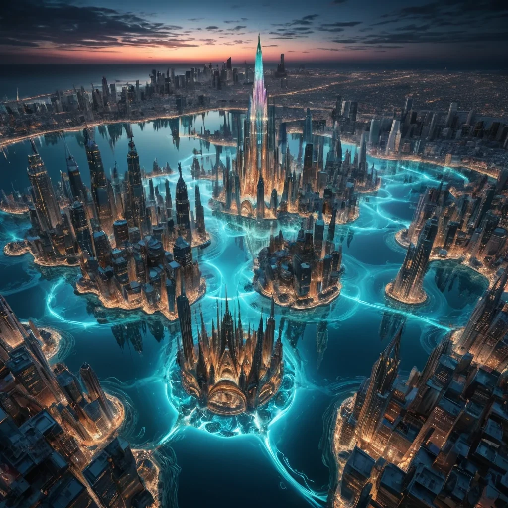 A hyperrealistic, 4K, ultra HD depiction of a surreal, opalescent city floating amidst a vast, cerulean ocean. The citys geometric structures and undulating spires are etched in intricate, fractal patterns that shimmer in vibrant, prismatic hues. Volumetric lighting from a distant, pulsating, bioluminescent source bathes the scene in a mesmerizing symphony of colors. Cinematic lighting accentuates the citys central, radiant, luminescent pool, its rippling, liquid surface casting ethereal reflections on the surrounding, geometric formations. Photorealistic, fractal, zerogravity water formations unfurl in a surreal dance, creating an otherworldly, aquatic ballet.