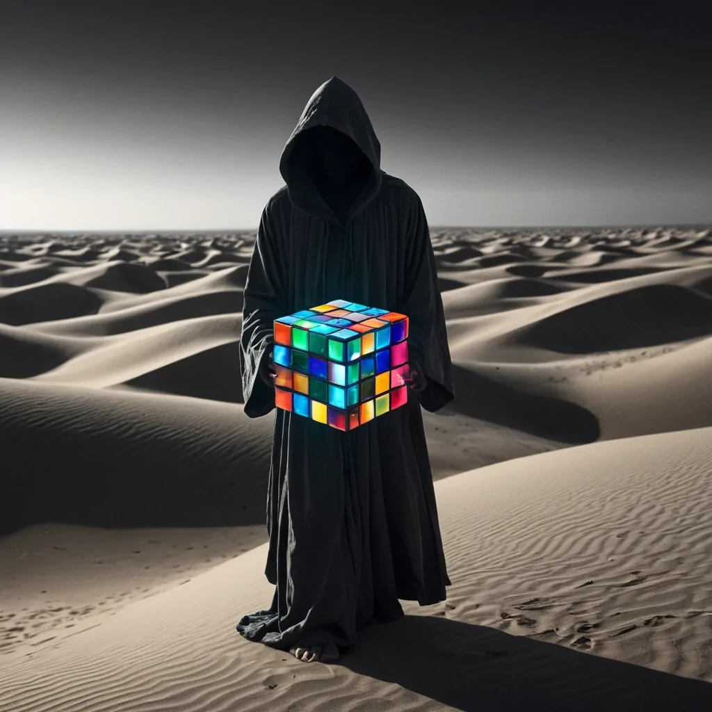 Photorealistic, Ultra HD portrait of a sentient, levitating, neonlit holographic Rubiks cube, its ethereal form pulsating with intricate, bioluminescent fractal patterns, set against a surreal, monochromatic landscape of undulating, shadowy dunes, with volumetric lighting casting dramatic shadows and emphasizing the cubes dynamic, fluid movements, and a subtle, cool bokeh effect creating a sense of isolation and mystery, as a lone, spectral figure, cloaked in a tattered, hooded robe, stands silently at the edge of the frame, their face obscured by shadows, adding an enigmatic, haunting touch to the otherwise abstract scene.