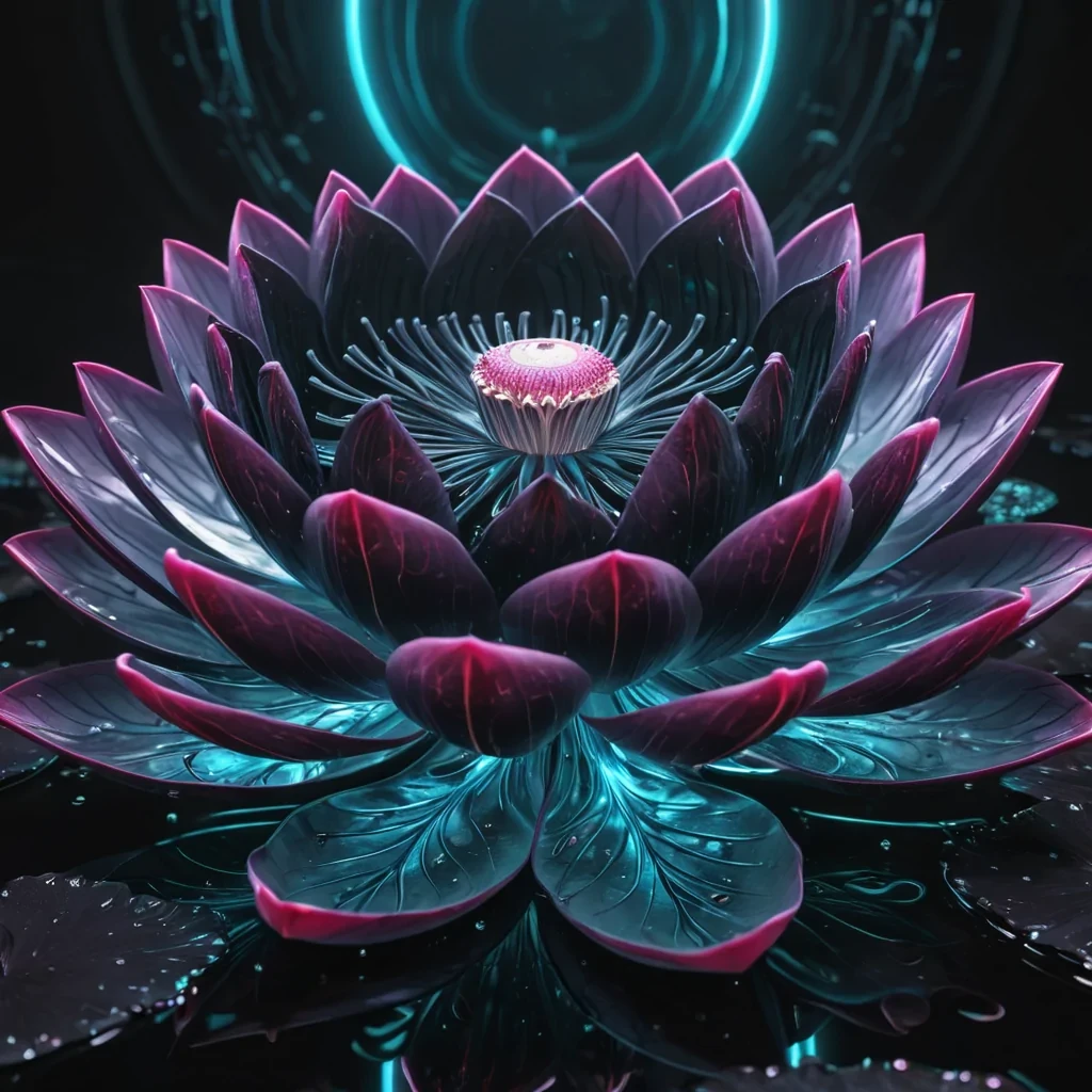 Photorealistic, colossal, obsidian, lotus flower, its hyperrealistic, 4K, velveteen petals unfurling to reveal ultra HD, neonlaced, cybernetic gardens within. Volumetric lighting from unseen, pulsating, cybernetic hearts etches the lotus ethereal, fractal petals, casting intricate, dynamic, neonswathed shadows on the inverted, reflective void. Cinematic lighting bathes the scene in vibrant, otherworldly hues, with lens flare emphasizing the lotus central, radiant, throbbing, obsidian heart, pulsating with captive, artificial, cybernetic energy.