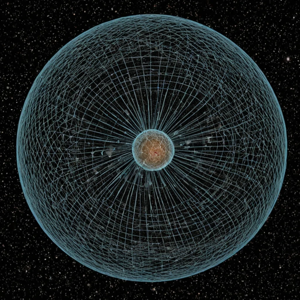 A single, selfoscillating lattice of reversed gravity, shaped like a 1,000,000,000,000dimensional web of unformed weight and inverted mass, floats at the center of a vast, inverted ocean of solidified zerog. Each strand is spun from the exact moment between a stone falling and its refusal to accelerate, a leaf drifting downward and dissolving into nonmomentum, a planet forming in the void and collapsing into pure, unmeasured nondensity. The web does not suspend matterit unsuspends it, each trembling filament shedding a layer of gravitational potential that never coalesced into orbit, pressure, or the weight of being anchored. As it pulses in the