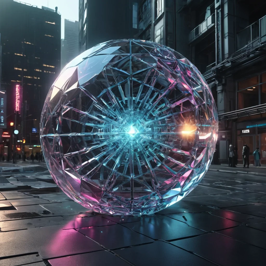 Photorealistic, gargantuan, crystalline, geodesic sphere, its hyperrealistic, 4K, faceted surface revealing ultra HD, neonlit, cybernetic cityscapes within. Volumetric lighting from unseen, pulsating, cybernetic cores etches the spheres ethereal, geometric structure, casting intricate, dynamic, neonswathed shadows on the inverted, reflective void. Cinematic lighting bathes the scene in vibrant, otherworldly hues, with lens flare emphasizing the spheres central, radiant, throbbing, crystalline heart, pulsating with captive, artificial, cybernetic energy.