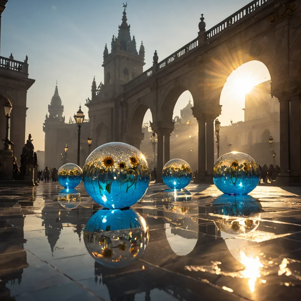 A kaleidoscopic sunrise splashes hues of radiant gold and warm amber across a vast, circular plaza, where towering monoliths made of polished molten glass rise like spiked sunflowers. Delicate, luminescent lanterns hang from gilded arches, casting dynamic, flickering shadows of shifting silhouettes. In the foreground, a translucent blue sphere hovers lightly over crystaline tiles that ripple with liquid reflection. Subtle layers of mist curl along the edges of the plaza, capturing the bokeh effect of distant lanterns and the lens flare of rising sunlight as it pierces through the haze, creating an ethereal, hyperrealistic dreamworld.
