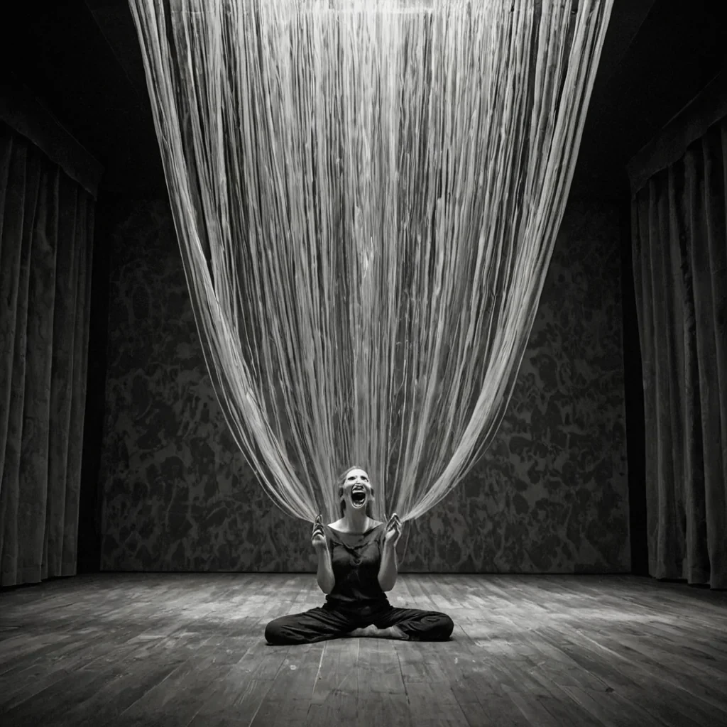 A single, selfattenuating filament of frozen laughter pulses through the core of a floating, inverted theater built entirely from the thermal afterimage of a thousand unperformed comedies that never cracked the silence of a world that never learned to smile. The filament does not echoit unlaughs, each pulse dissolving a moment of mirth into its original gravity, releasing a wave of negative levity that fractures the fabric of joy into a drifting mist of goldtinged, geometric silence, each one etched with the chromatic echo of a joke that never landed in the hollow of a laugh that never formed. The theaters curtains are not drawnthey are suspended in midunfurling, each fold a memory of applause that never