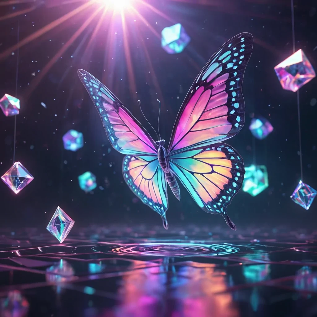 Hyperrealistic neon butterfly with iridescent wings, gracefully floating above a floating, geometric prism of reflective, swirling pastel dodecagons, dynamic lighting with volumetric beams, soft focus on its delicate, luminescent body, vibrant colors, 4K resolution, lens flare shimmering around its ethereal form in a surreal, futuristic urban landscape.
