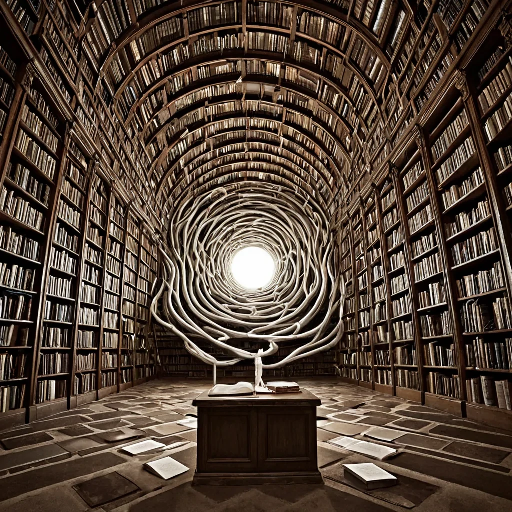 A single, selffragmenting filament of solidified silence, shaped like a 31dimensional Mbius ribbon of inverted perception and unformed awareness, drifts through the center of a vast, inverted library composed of the petrified thoughts of a civilization that measured understanding through the duration of synchronized, silent readings held just before the first word was ever allowed to be interpreted. The filament does not dissolveit unsees, each twist shedding a layer of cognitive potential that never coalesced into a shared meaning, reforming into ephemeral, lapisthreaded afterimages shaped like the negative space between two eyes that never focused on the same line of text in the same moment of mutual comprehension. The library is not architecturalit is a