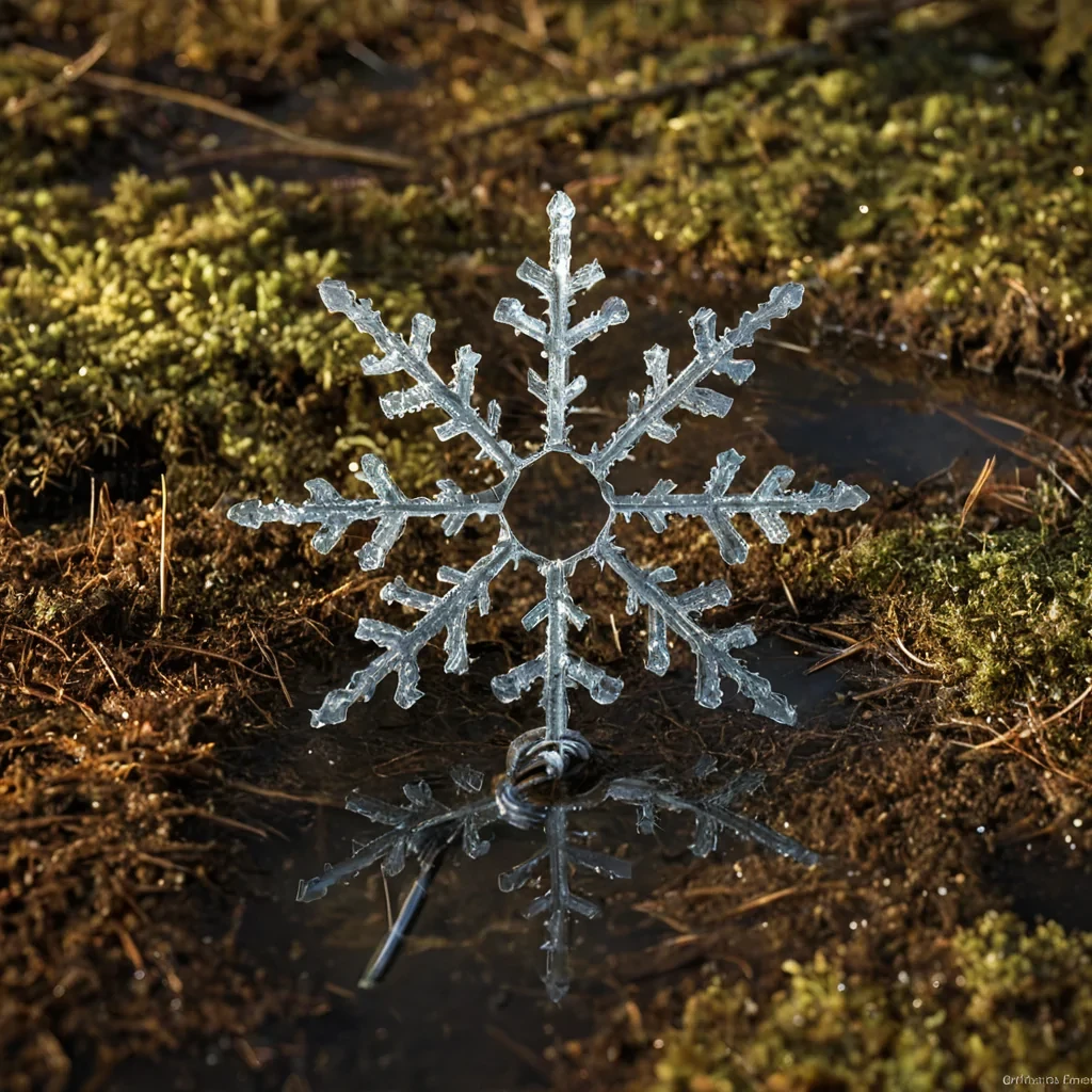 A tight, mediumshot hyperrealistic photograph of a single, perfectly formed snowflake resting on the tip of a sharp, rusted vintage key. The snowflake is not made of ice, but of intricate, delicate, metallic wire filaments twisted into a fractal pattern, reflecting a warm, goldenhour sunlight that casts long, complex shadows across the textured, pitted surface of the key. The key itself is partially submerged in a shallow, clear puddle of water that ripples with subtle, concentric rings, distorting the reflection of the wire snowflake into abstract, liquid shapes. The background is a soft, outoffocus blur of deep, muted forest greens and earthy browns, suggesting a damp, mossy ground,