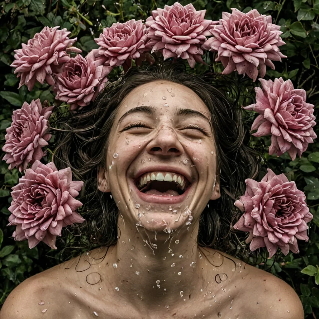 A single, selfoscillating cluster of reversed laughter, shaped like a 4,219dimensional cascade of unformed mirth and inverted euphoria, hovers at the center of a vast, inverted garden of solidified sorrow  each petal forged from the exact moment between a smile forming on the lips and its refusal to spread, a chuckle rising in the throat and dissolving into nonvibrational stillness, a joke whispered into the dark and collapsing into pure, unmeasured nonjoy. The cluster does not amplify delight  it unamplifies it, each shimmering tendril shedding a layer of emotional potential that never coalesced into shared levity, reforming into ephemeral, roseg