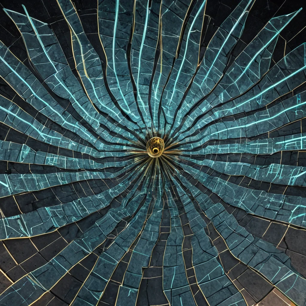 A hyperdetailed, highangle aerial perspective of a vast, silent plaza paved with tessellated slabs of raw, matte charcoal stone, each slab inlaid with intricate, glowing veins of pulsating, soft cyan luminescence that form a complex, interconnected neural network pattern across the ground. In the center of the plaza stands a towering, spiral structure composed of translucent, flexible sheets of iridescent glass that ripple and twist in a slow, fluid motion, defying gravity as if suspended in thick honey. The structure is inhabited by dozens of small, mechanical hummingbirds made of polished chrome and brushed brass, their wings blurred in midflight as they navigate the glass spirals, leaving behind faint, shimmering trails of golden dust.