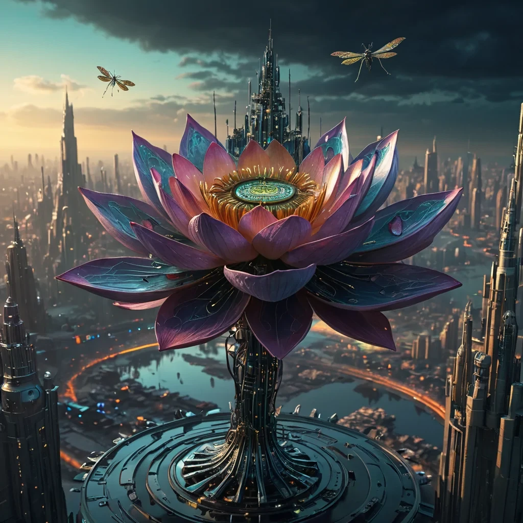A colossal, ancient, mechanical lotus, its metallic petals unfurling to reveal a labyrinthine, neonlit city within, blooms from the heart of a vast, undulating, obsidian plain. Suspended within the lotus stamen, a holographic, sentient, mechanical swarm of dragonflies dances, casting ephemeral shadows on the citys inhabitants sentient, robotic, reptilian creatures. Rendered in ultra HD, with volumetric lighting, atmospheric effects, and vibrant colors, evoking a sense of surreal, otherworldly wonder.