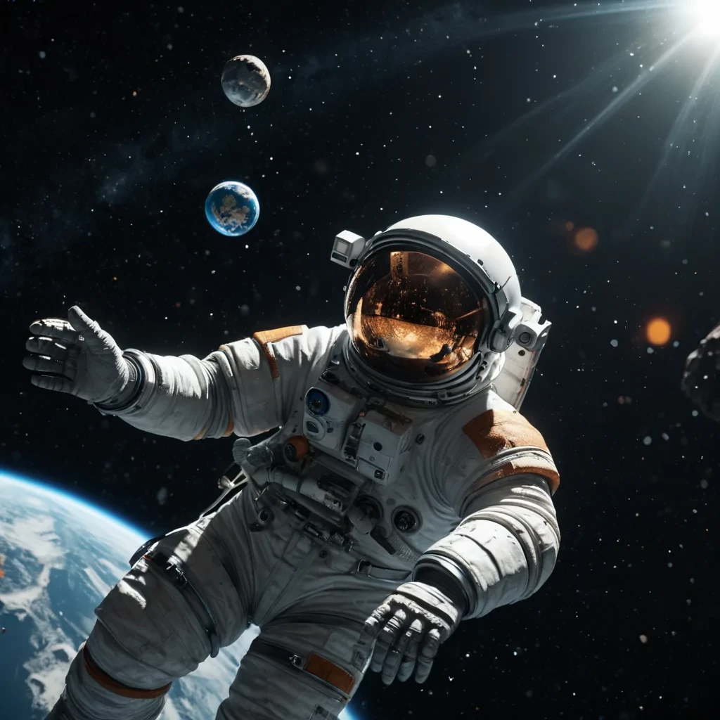 A lone astronaut floats in the silent expanse of space, tethered to a derelict, rusted satellite, with Earths reflection shimmering on his visor, hyperrealistic, 4K, cinematic lighting, volumetric lighting, atmospheric effects, dynamic lighting, bokeh effect, soft focus, lens flare, deep blacks, stark whites, and rusted oranges, detailed textures.