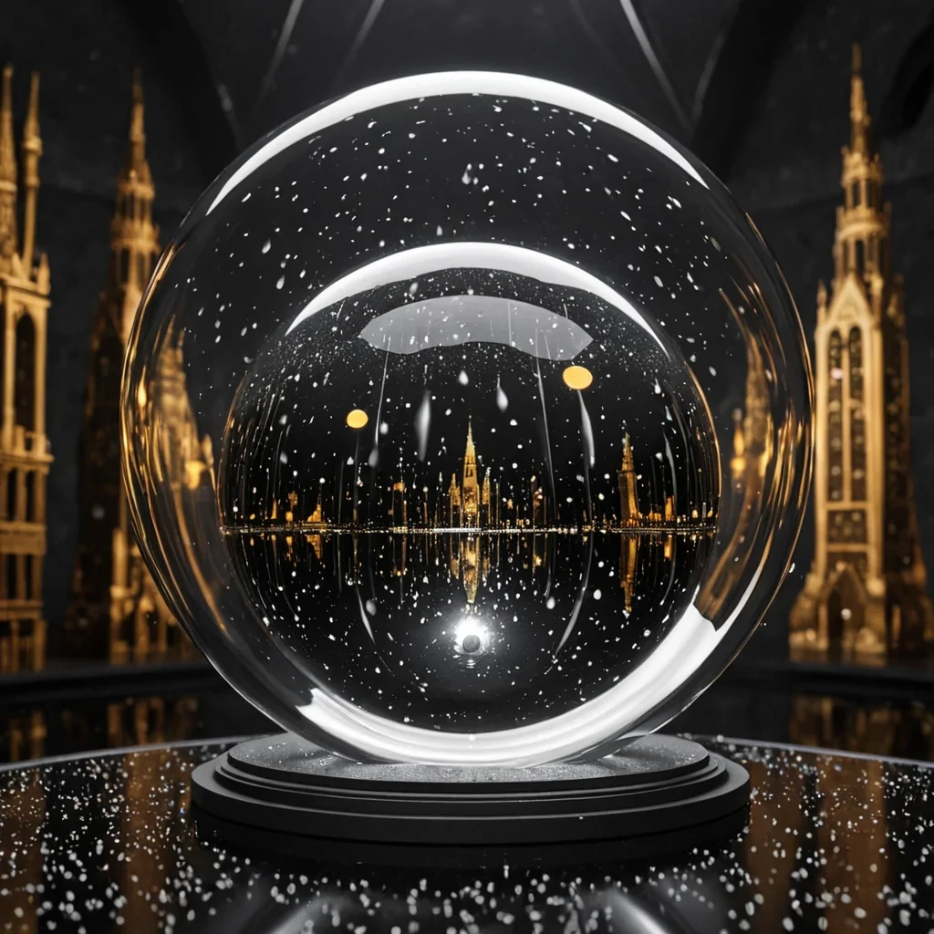 A hyperrealistic, macrolens perspective of a solitary, spherical droplet of liquid mercury suspended in zero gravity within a vast, circular chamber lined with hexagonal panels of dark, matte charcoal foam. Inside the perfectly reflective sphere, a miniature, inverted cityscape is visible, featuring towering spires of white porcelain and bridges of spun gold, all rendered in sharp, crisp detail. The chamber walls are illuminated by soft, warm tungsten bulbs arranged in a precise geometric grid, casting a gentle, diffused glow that highlights the fluid tension of the mercurys surface. Tiny, dustlike particles of silver glitter float around the droplet, catching the light like stars. The background fades into a deep, velvety black, emphasizing the isolation and