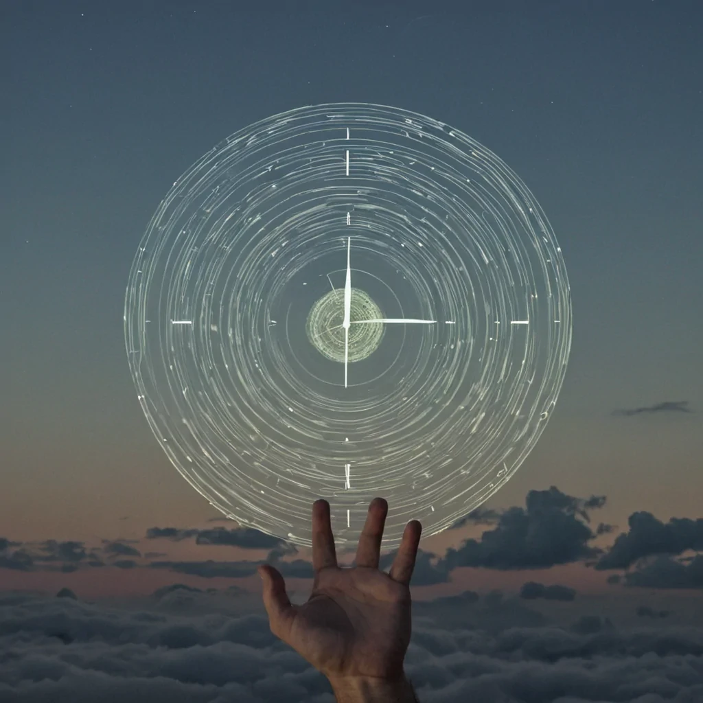 A single, hummingbirdsized clock made of solidified static floats in the center of a vast, inverted sky of compressed radio silence, its gears not metal but woven from the fragmented frequencies of a broadcast that never aired. The clock does not tickit emits a low, harmonic hum that resonates with the emotional weight of a message left unsent, each second marked by a faint, shimmering ripple in the air that reveals the ghostly outline of a hand pressing a send button that never existed. The sky is not airit is a thick, viscous layer of untransmitted signals, each cloud shaped like the negative space between two voices that never connected, glowing with the faint, pulsing afterimage of a frequency that was almost tuned.