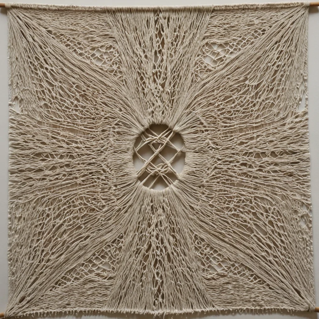 A single, selfsilencing loom of reversed weave, shaped like a 59dimensional tapestry of unformed thread and inverted pattern, floats at the center of a vast, inverted textile voideach fiber spun from the petrified instant between a needles descent and its refusal to pierce, a knot tied and its immediate unraveling into air, a stitch begun and its silent dissolution into nothingness. The loom does not createit unweaves, each trembling shuttle shedding a layer of tactile potential that never coalesced into a shared fabric, reforming into ephemeral, obsidianveined afterimages shaped like the negative space between two fingers that never touched cloth, suspended in the quiet, weightless breath of