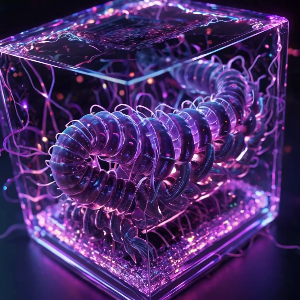 Hyperrealistic neon centipedes with reflective metallic segments scuttling in a cubic amethyst chamber filled with luminescent quantum vapor, holographic tendrils intertwining in dynamic lighting, bokeh effect, vibrant colors, 4K
