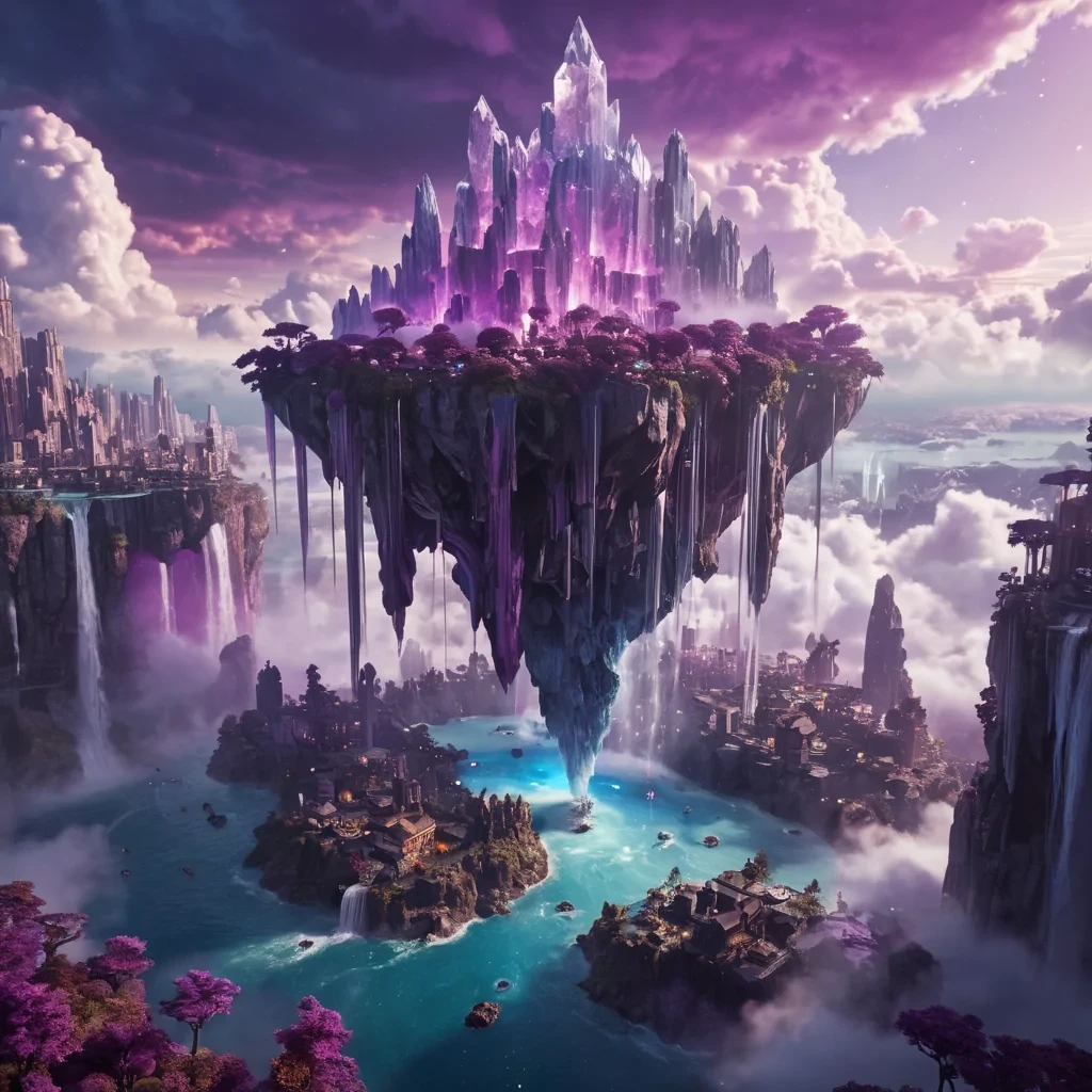 A floating island city held aloft by colossal, crystal formations, with waterfalls cascading into the clouds below, hyperrealistic, 8K, cinematic lighting, volumetric lighting, atmospheric effects, dynamic lighting, bokeh effect, soft focus, lens flare, vivid purples and magentas, detailed textures.