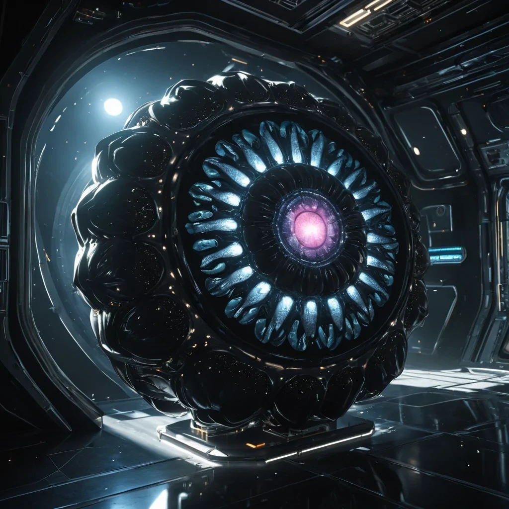 Photorealistic, colossal, obsidian, lotus pod space station, its hyperrealistic, 4K, metallic petals unfurling ultra HD, bioluminescent, zerogravity ecosystems. Volumetric lighting from unseen, pulsating, extraterrestrial hearts etches the stations ethereal, geometric architecture, casting intricate, dynamic, neon shadows on the inverted, reflective void. Cinematic lighting bathes the scene in vibrant, extraterrestrial hues, with lens flare emphasizing the stations central, radiant, throbbing, obsidian heart, pulsating with captive, alien energy.