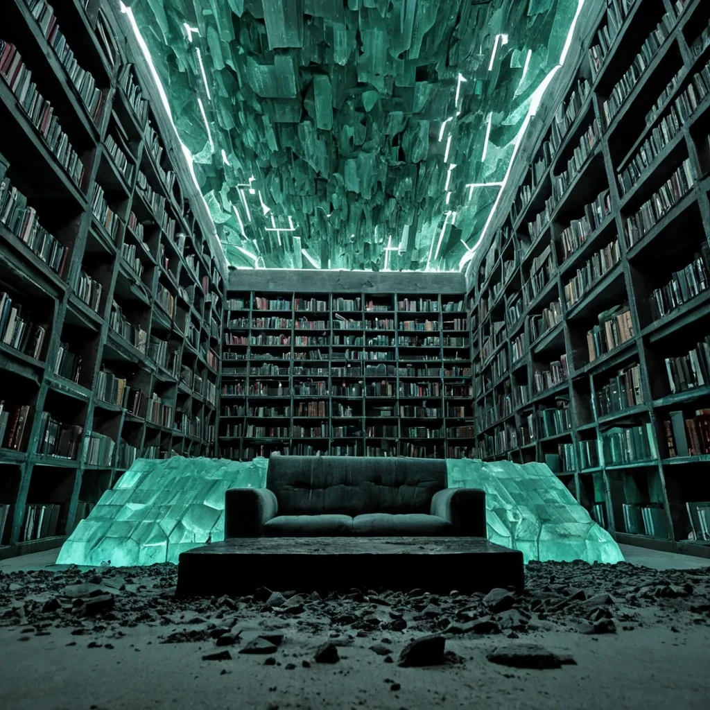 A lowangle, wideshot cinematic capture of a colossal, subterranean library constructed entirely from interlocking, semitranslucent slabs of frozen, mintgreen glacial ice. The architecture is brutalist and geometric, with sharp, angular bookshelves extending into a cavernous void where the air is thick with suspended, microscopic particles of crushed pearl that glow with a faint, internal pink luminesence. In the center of the floor, a massive, circular platform made of raw, dark obsidian rotates slowly, supported by a stream of clear, highpressure water rising from a deep pit below. On the obsidian platform sits a single, oversized, empty armchair upholstered in thick, plush, charcoal gray wool, with a small,