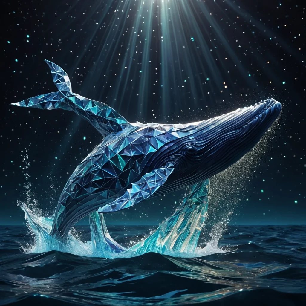 A hyperrealistic, 4K portrait of a lone, sentient, neonlit holographic origami whale breaching gracefully from a vast, bioluminescent ocean, its ethereal form pulsating with intricate, bioluminescent fractal patterns, surrounded by a swirling, kaleidoscopic vortex of stardust and cosmic energy, with cinematic lighting casting dramatic shadows and emphasizing the whales dynamic, fluid movements, and a subtle, warm bokeh effect creating a sense of isolation and wonder.