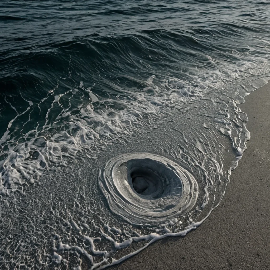 A single, selfrewriting filament of solidified moonlight pulses through the core of a vast, still ocean composed entirely of petrified, unspoken dreams from a civilization that communicated through the texture of unblinking stillness. The filament does not flowit unreads, each ripple peeling back a layer of memory that never existed, revealing a hollow core shaped like the negative space between two breaths that never coexisted in the same atmosphere. The ocean is not waterit is a layered expanse of solidified silence from a million unobserved moments, each wave etched with the emotional residue of a glance that was almost returned, its surface shimmering with the faint, thermodynamic afterimage of a voice that never found