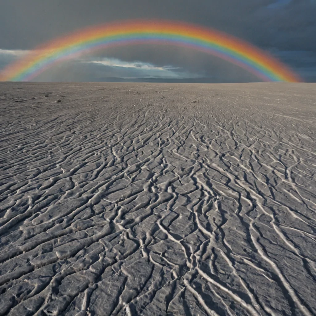 A single, selfresonating column of inverted rainbows rises from the center of a vast, still plain made entirely of solidified soundwaves frozen midoscillation, its surface not smooth but textured like the grooves of a vinyl record played backward in zero gravity. The column does not refract lightit emits silence in visible frequencies, each band of color pulsing with the thermal afterimage of a lullaby sung in a language composed of breaths never taken. The ground beneath is not earthit is a thick, undulating membrane of compressed empathy, its surface etched with the faint, geometric patterns of a conversation that ended before it began. Above, the sky is not skyit is a slowmotion storm of inverted thundercloud