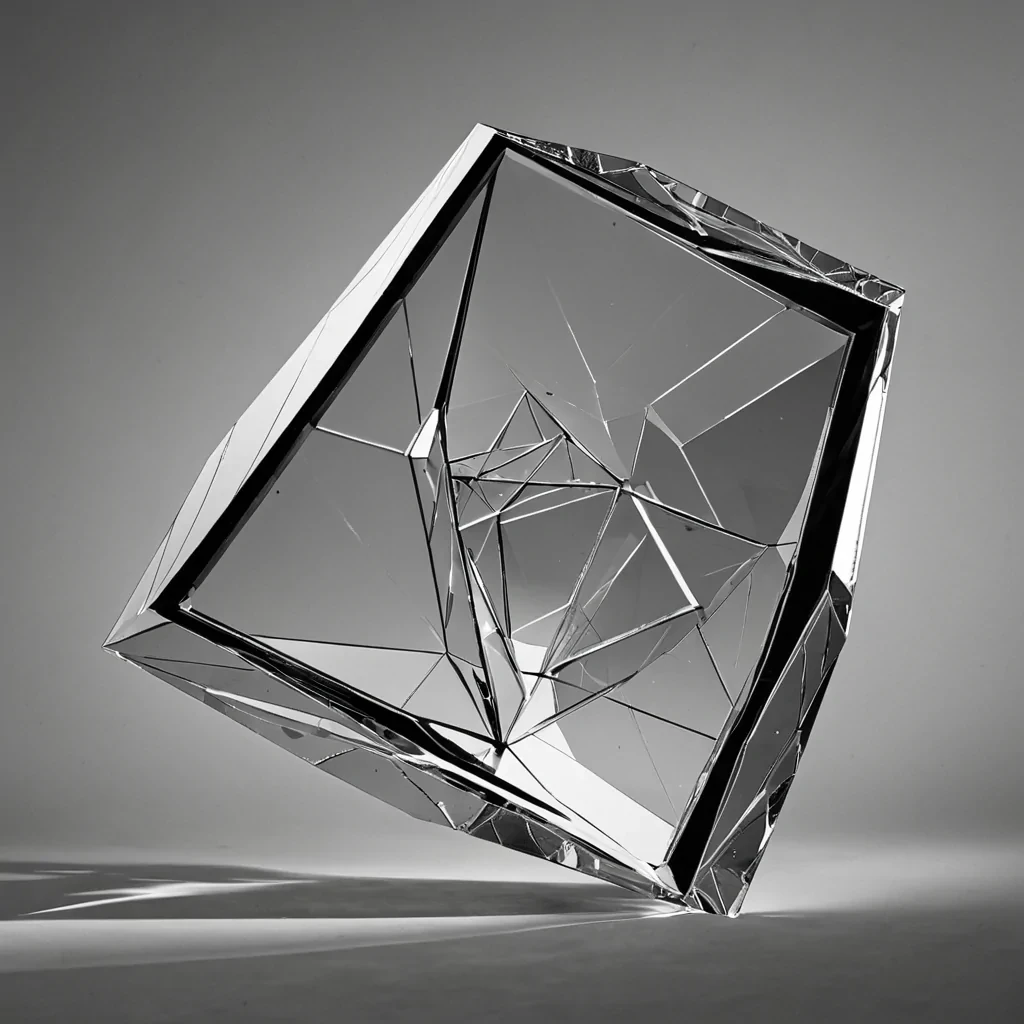 A single, selfreflecting shard of reversed geometry, shaped like a 73dimensional polyhedron of unformed symmetry and inverted proportion, hovers at the center of a vast, inverted observatory of solidified asymmetryeach cracked mirror pane carved from the exact moment between a line being drawn and its refusal to extend, an angle forming and dissolving into nonstructural void, a shape rotating and collapsing into pure, unmeasured imbalance. The shard does not mirrorit unmirrors, each fracturing facet shedding a layer of spatial potential that never coalesced into a shared form, reforming into ephemeral, chromeveined afterimages shaped like the negative space between two hands that never aligned in perfect congru