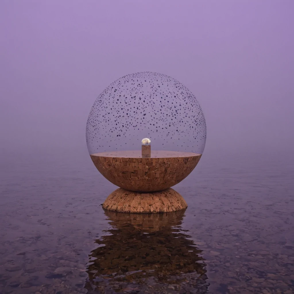 A surreal, symmetrical composition of a floating, geometric island made of dense, honeycombstructured cork, suspended in a void of soft, diffused lavender mist. The island is not solid but appears porous, with thousands of tiny, spherical air pockets visible within the ambertoned material, each reflecting a faint, warm sunlight that seems to originate from within the structure itself. Draped over the edges of the cork island are long, flowing ribbons of liquid silver that defy gravity, spiraling upward into the mist without touching the surface. In the center of the island, a single, perfect sphere of clear water sits balanced on a point, containing a miniature, rotating galaxy of tiny, bioluminescent blue stars. The lighting is