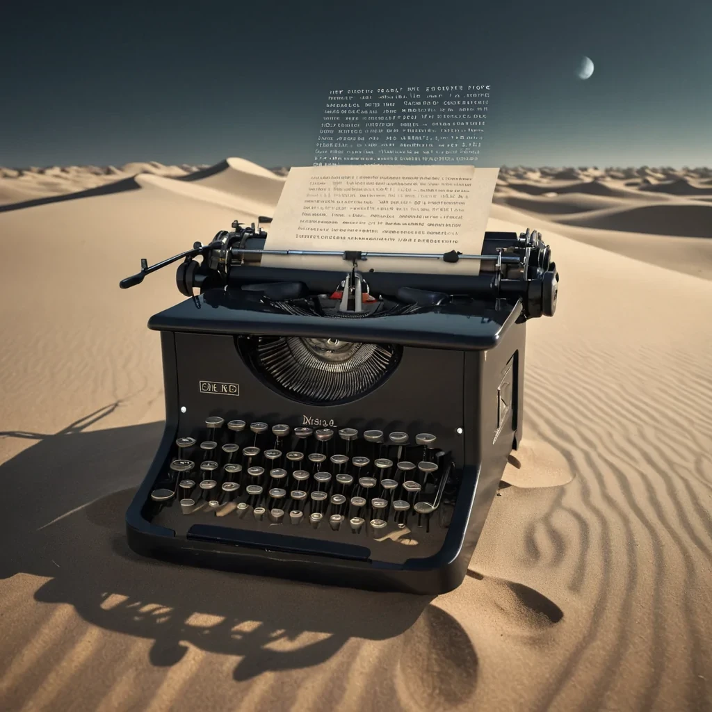 A hyperrealistic, 4K portrait of a whimsical, levitating vintage typewriter, its keys emitting ethereal, otherworldly words that materialize as glowing, threedimensional letters, set against a surreal, monochromatic landscape of undulating, shadowy dunes, with volumetric lighting casting dramatic shadows and emphasizing the intricate, art deco design, and a subtle, cool bokeh effect creating a sense of isolation and enchantment.