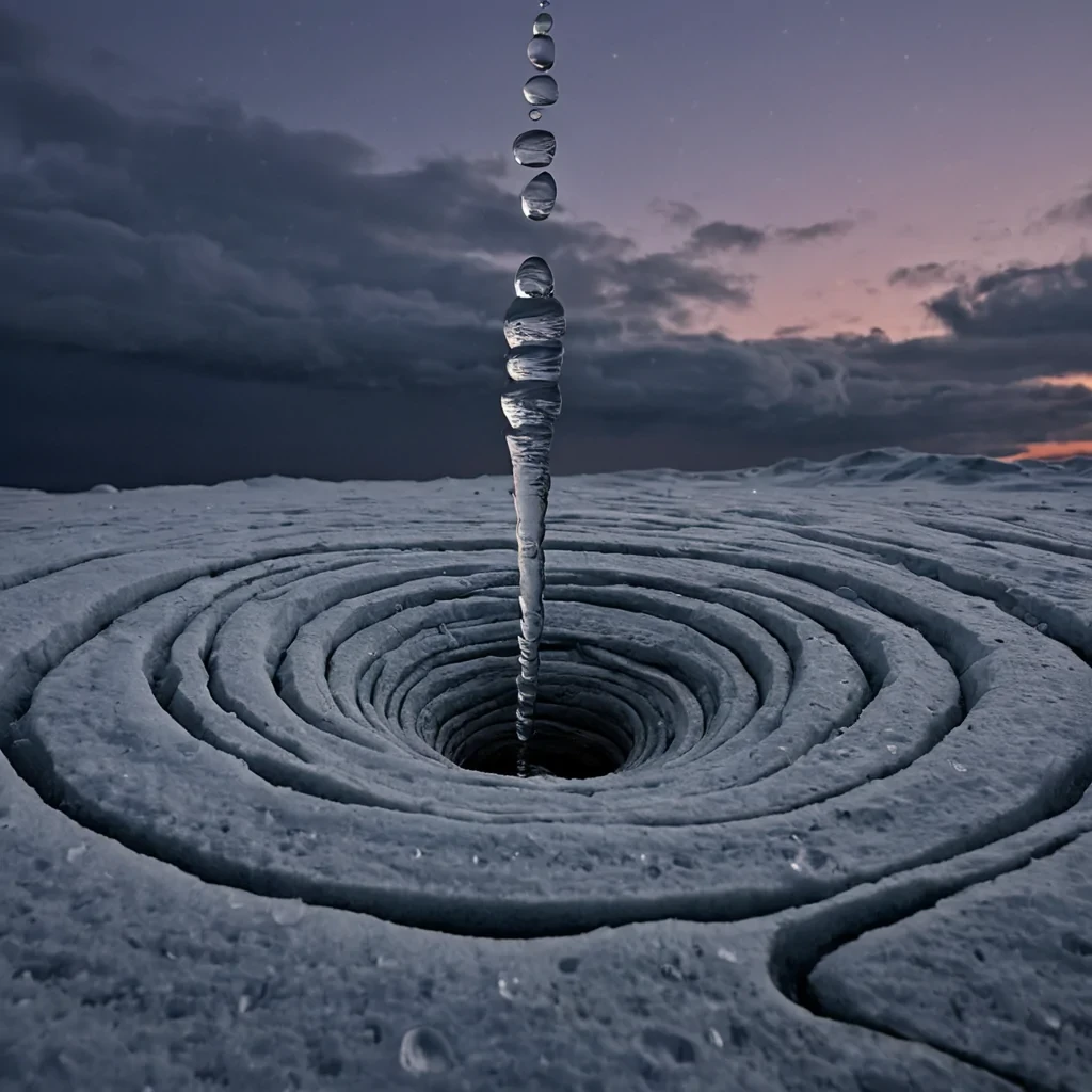 A single, selfigniting filament of solidified twilight, shaped like a 23dimensional spiral of inverted longing and unformed departure, drifts through the center of a vast, inverted sky of petrified raineach droplet carved from the frozen tears of a civilization that measured grief not by sorrow, but by the duration of synchronized, breathless silences held just before the first farewell was ever whispered in a world where distance was never allowed to be bridged. The filament does not burnit unleaves, each twist shedding a layer of emotional residue that never coalesced into a shared goodbye, reforming into ephemeral, amethystveined afterimages shaped like the negative space between two hands that never parted in