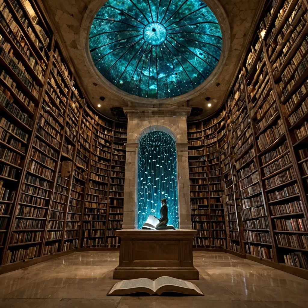 A vertical, eyelevel medium shot of a silent, subterranean library constructed from polished, iridescent abalone shell panels that curve upwards to form a vast, cathedrallike vault, where the ambient light is provided by thousands of suspended, bioluminescent jellyfish drifting slowly through the air like living chandeliers. The shelves are not traditional wood but rather translucent, amberhued resin blocks embedded with swirling, fossilized clouds of golden sand and tiny, preserved marine creatures. In the center, a figure wearing a sleek, formfitting suit made of matte white ceramic plating with joints of flexible, translucent silicone kneels before a large, open book resting on a pedestal of smooth, black obsidian. The pages of the book