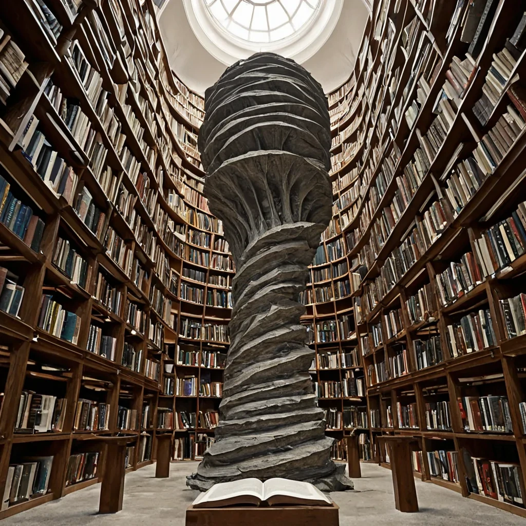 A single, selferoding monolith of solidified silence, shaped like a 13dimensional helix of inverted memory and unformed forgetting, stands fractured at the center of a vast, inverted library built from the petrified echoes of a civilization that measured knowledge not by books, but by the duration of synchronized, breathless silences held just before the first word was ever allowed to be written in a world where language was never permitted to persist. The monolith does not decayit unremembers, each fissure shedding a layer of cognitive potential that never coalesced into a shared truth, reforming into ephemeral, amethystthreaded afterimages shaped like the negative space between two hands that never held the same page during