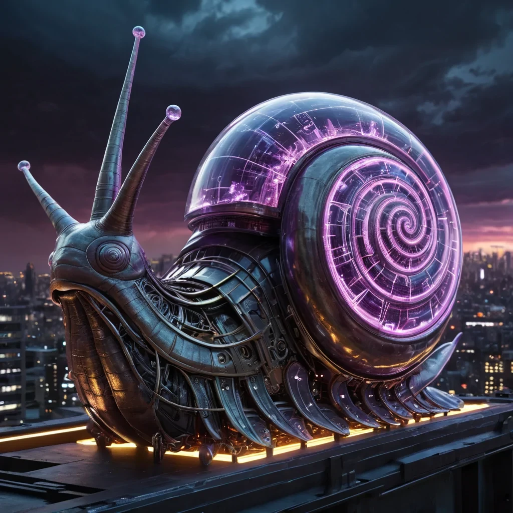 A colossal, ancient, mechanical snail, its metallic shell adorned with intricate, pulsating neon circuits, inches through a stormy, amethyst nebula. Within its transparent, bioluminescent body, a labyrinthine, neonlit cityscape sprawls, its towering, glass spires casting ephemeral shadows on the citys sentient, robotic inhabitants. Rendered in ultra HD, with dynamic lighting, atmospheric effects, and vibrant colors, evoking a sense of surreal, otherworldly wonder at this celestial, mechanical marvel.