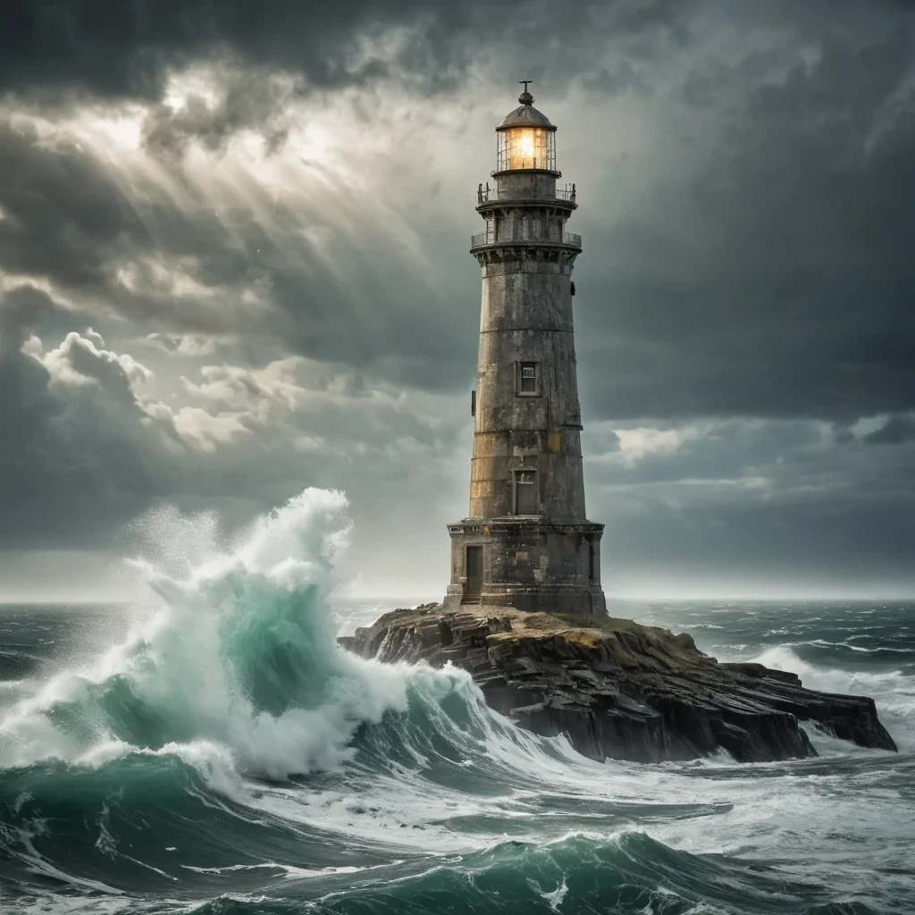 An ethereal, colossal, ancient lighthouse, its spectral, seaweedencrusted form towering over a desolate, stormtossed ocean, stands as a silent, maritime sentinel. The lighthouses colossal, dormant lens, a labyrinth of interlocking, iridescent prisms, casts dynamic, otherworldly beams across the tumultuous, lightningkissed seas, revealing intricate, ancient nautical charts etched into the weathered, saltkissed stone surface. Within, a spectral figure, clad in a tattered, vintage mariners oilskin, drifts through the desolate, tempesttossed interior, their form composed of swirling, rainkissed