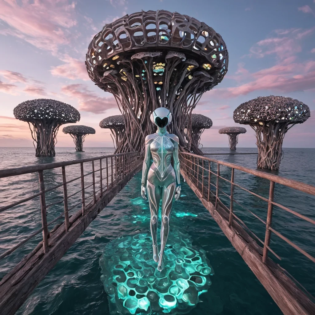 A hyperrealistic, wideangle shot of a suspended, floating metropolis constructed entirely from interlocking, translucent coral reefs and weathered driftwood, hovering above a calm, mirrorlike sea of liquid silver. The citys architecture features organic, spiraling towers that glow with a soft, internal bioluminescence in shades of pearlescent white and pale turquoise. In the foreground, a figure wearing a sleek, aerodynamic suit made of iridescent beetle shell material stands on a narrow, curved bridge, gazing out at the horizon where the silver sea meets a sky filled with swirling, cottoncandy clouds in pastel pink and lavender. The lighting is diffuse and ethereal, casting soft, overlapping shadows that blend the boundaries between the structure