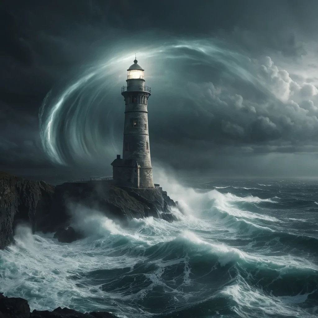 A lone, ancient lighthouse standing on a cliff overlooking a vast, swirling vortex of stormy seas, its beam of light cutting through the darkness to reveal spectral, ghostly ships emerging from the mist, hyperrealistic, 4K, cinematic lighting, volumetric lighting, atmospheric effects, dynamic lighting, bokeh effect, soft focus, lens flare, moody blues and greys, detailed textures.
