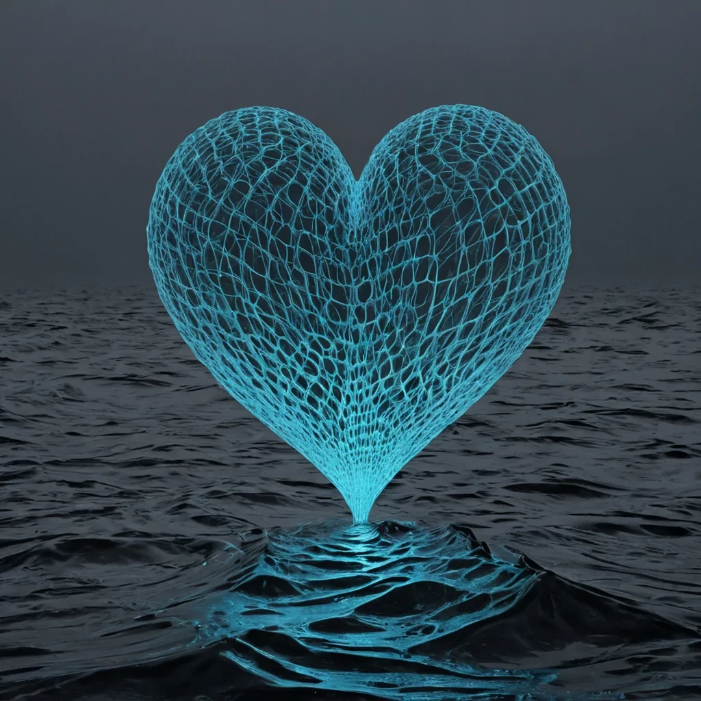 A single, selfattuning lattice of bioluminescent silence, shaped like a 37dimensional Klein surface of inverted empathy and unformed connection, pulses gently at the center of a vast, inverted ocean of solidified empathyeach wave sculpted from the petrified tears of a civilization that measured love not by touch, but by the duration of synchronized, breathless stillness held just before the first hand was ever allowed to reach across a void in a world where emotional resonance was forbidden. The lattice does not emit lightit unfeels, each filament shedding a layer of affective potential that never coalesced into a shared heartbeat, reforming into ephemeral, moonstoneveined afterimages shaped like the negative