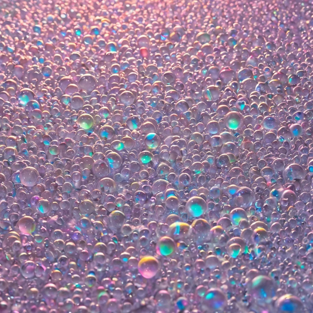 A horizontal, panoramic view of a vast, flat expanse of rippled, iridescent soap bubbles frozen in midexplosion, creating a dense, chaotic field of translucent membranes that refract a spectrum of soft, pastel neon lights. The bubbles are not floating in air but are anchored to a surface of fine, crushed, matte rose quartz powder. Interspersed among the bubbles are hundreds of tiny, intricate, chromeplated origami cranes, each perfectly folded and reflecting the surrounding iridescent hues with sharp, metallic precision. The cranes are not static they appear to be in motion, their wings blurred with a subtle motion trail, suggesting they are taking flight from the quartz surface. The lighting is ethereal and diffuse