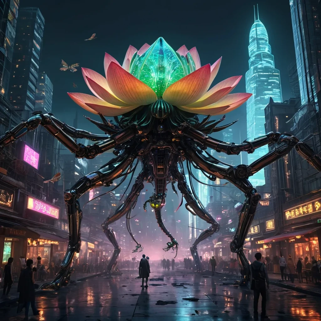 A colossal, ancient, mechanical lotus, its metallic petals unfurling to reveal a labyrinthine, neonlit city within, blooms from the heart of a vast, undulating, obsidian plain. Suspended within the lotus stamen, a holographic, sentient, mechanical swarm of dragonflies dances, casting ephemeral shadows on the citys inhabitants sentient, robotic, reptilian creatures. Rendered in ultra HD, with volumetric lighting, atmospheric effects, and vibrant colors, evoking a sense of surreal, otherworldly wonder.